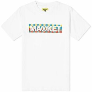 Market Men's Checkered Bar Logo T-Shirt in White STREETWEAR Size Large Cotton